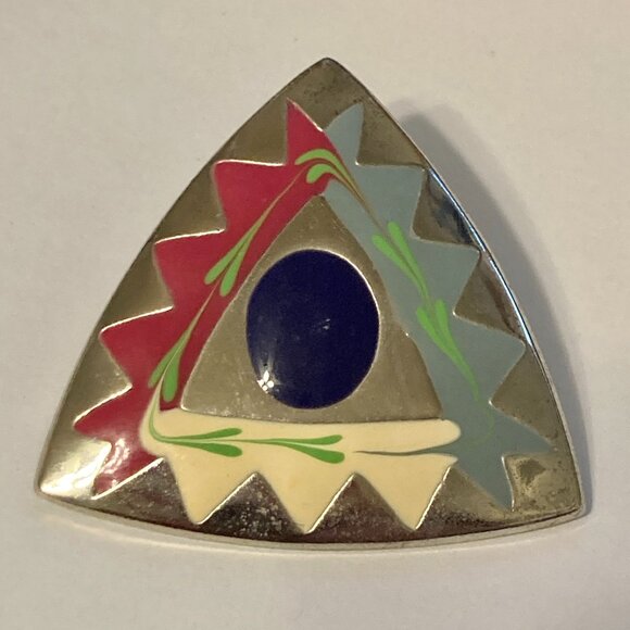 Vintage Southwestern Enamel Earrings Aqua Silver Tone Post Boho Western Triangle - Picture 6 of 11